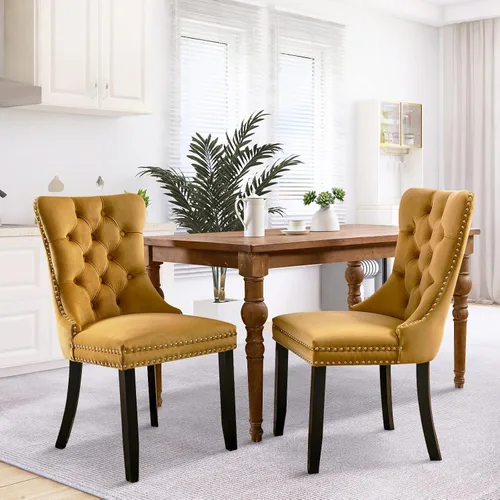 Miniatura 141 de SoarFlash Juego de 2 sillas de comedor de tela de lino, sillas de comedor tapizadas con ribete de cabeza de clavo y patas de madera de color claro