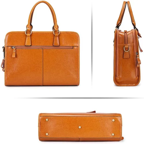 Miniatura 22 de Kattee Maletín de cuero genuino para mujer, bolsa de computadora portátil de gran capacidad con etiqueta de equipaje