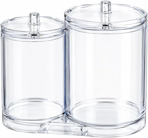 Huji Juego de organizador de baño de acrílico, bola de algodón, Q-Tip y soporte para almohadilla con tapas, tarros de almacenamiento transparentes