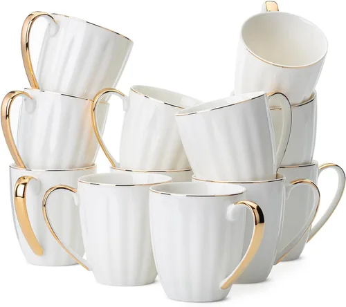 Miniatura 10 de BTaT - Juego de 6 tazas de café blancas (12 onzas), juego de tazas de café blancas de porcelana con diseño de ribete dorado, regalos de Navidad