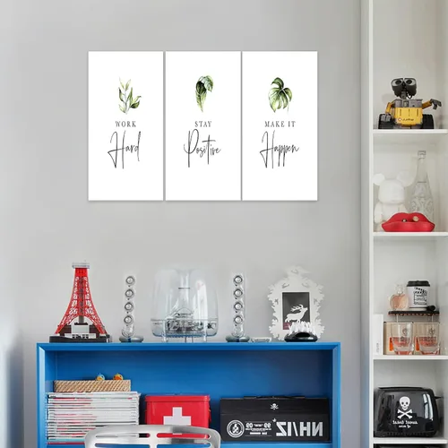 Miniatura 3 de Arte de pared inspirador de 3 piezas, imagen de refranes de plantas blancas, citas de trabajo y estadía, impresiones en lienzo para decoración