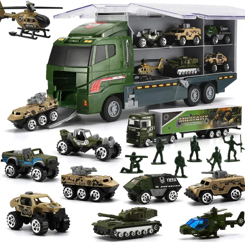 26 piezas de camiones militares con soldados de juguete (2 en 1), mini coche de batalla fundido en camión transportador, juguete de ejército