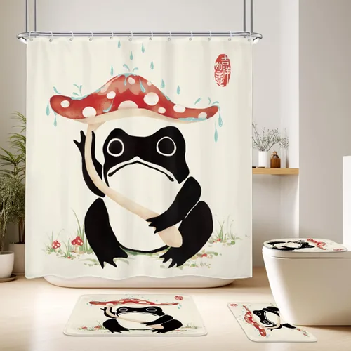 Miniatura 29 de Juego Divertido de Cortina de Rana Retro para Ducha, Juego de Baño 48x71 Pulgadas, Estilo Asiático Lindo, Arte Japonés Tradicional de Pato de Goma