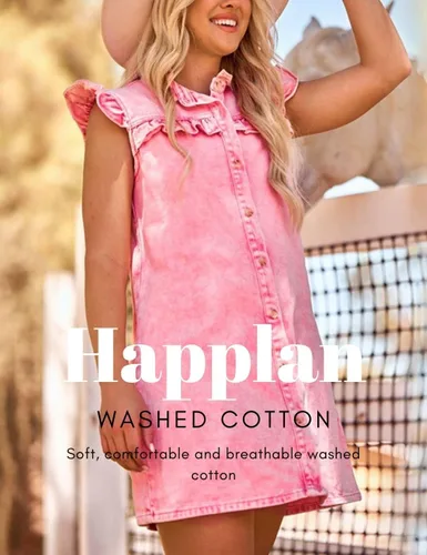 Miniatura 4 de happlan Vestido de mezclilla con botones y cuello de loto desgastado para mujer