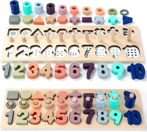 BEKILOLE Juguetes de madera Montessori para niños pequeños: rompecabezas de números, clasificador de formas, juego de apilamiento para contar, Macron