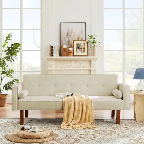 Anwick Sofá cama de tela moderna, sofá cama convertible con 2 almohadas y reposabrazos, sofá reclinable plegable de 75 pulgadas con patas de madera