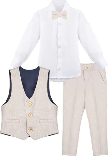 Miniatura 2 de Lilax Traje formal de 4 piezas para niños, chaleco, pantalones y corbata, Blanco