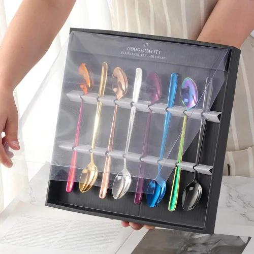 Miniatura 2 de Buyer Star Juego de 8 cucharas coloridas de mango largo de 7.87 pulgadas, juego de cucharas de té de hielo multicolor de acero inoxidable 18/10
