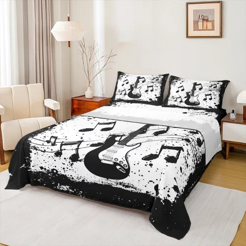 Miniatura 10 de Erosebridal Juego de sábanas con temática musical de música rock, tamaño Queen, juego de sábanas con estampado de notas musicales, juego de sábanas
