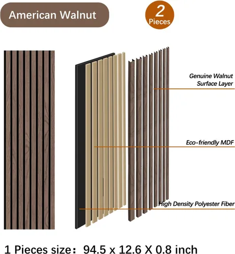 Miniatura 2 de Paneles de madera para pared, 2 paneles de pared de listones de madera, paneles de pared acústicos de chapa de nogal natural, 12.6 pulgadas de ancho