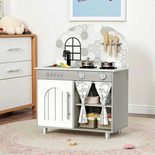 Miniatura 7 de Arlopu Set de Cocina de Juego, Juego Interactivo de Chef de Simulación para Niños con Gabinete con Cortina, Estufa con Perillas que Hacen Clic, Rosa