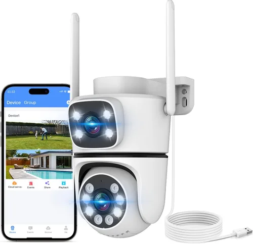 OHWOAI Cámara de seguridad al aire libre inalámbrica de doble vista, cámaras de vigilancia 2.4G/5G WiFi PTZ con visión nocturna a color para
