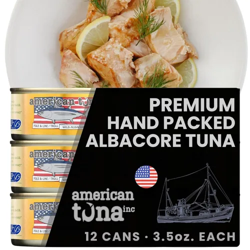 Miniatura 9 de American Tuna Pescado de atún blanco silvestre capturado en poste de grado sushi, sin sal añadida, (12) latas de 3.5 onzas Cosechado
