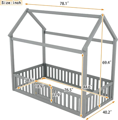 Miniatura 2 de Merax Cama de madera de tamaño individual con valla y puerta, marco de cama de madera con techo para adolescentes, niños o niñas, gris