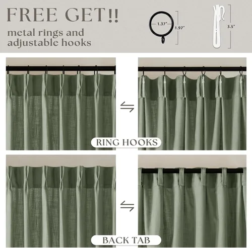 Miniatura 99 de Cortinas de lino natural con pliegues fruncidos de 120 pulgadas de largo para sala de estar, cortinas plisadas con ganchos y lengüeta trasera