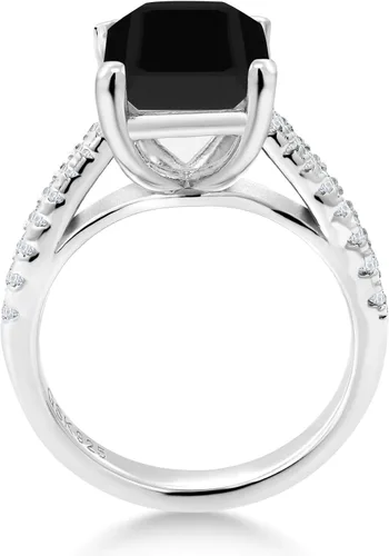 Miniatura 3 de Gem Stone King Anillo de compromiso de plata de ley 925 con ónix negro y zafiro blanco para mujer piedra natal de 339 quilates corte esmeralda