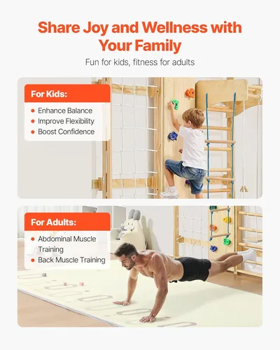 Miniatura 3 de VEVOR Escalera Sueca de Pared para Gimnasio, 9-en-1 Barras de Gimnasia de Madera Sólida de 12 Niveles para Niños y Adultos, Gimnasio de Selva