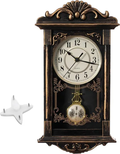 Clockswise Reloj de pared estilo abuelo vintage con péndulo de plástico efecto madera, funciona con pilas, para decoración del hogar, sala de estar,