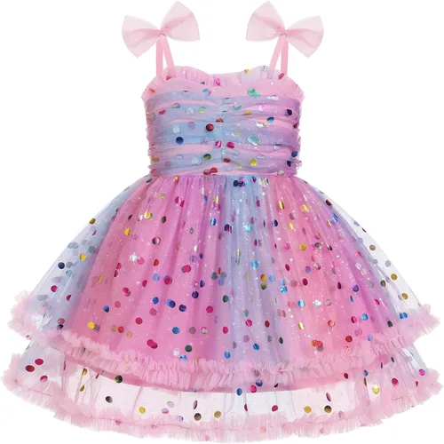 Miniatura 222 de IMEKIS Vestido de princesa de cumpleaños para niña pequeña, confeti brillante, bohemio, arco iris, pastel, sesión de fotos, traje para 1-6T