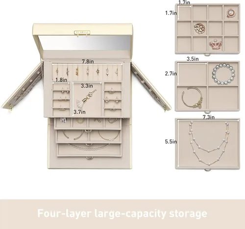 Miniatura 4 de Vlando Caja organizadora de joyas de terciopelo para mujer caja grande de almacenamiento de joyas de cuero con cerradura espejo 3 cajones para reloj