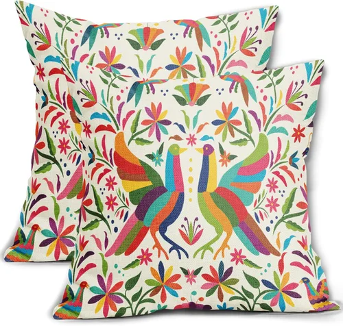 Miniatura 10 de Juego de 2 fundas de almohada con estampado floral mexicano de 18 x 18 pulgadas, diseño étnico colorido de pájaros y flores de cachemira, fundas