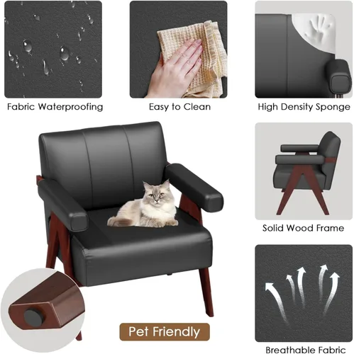 Miniatura 4 de STHOUYN Sillas decorativas de cuero negro, silla moderna de mediados de siglo, sillas con brazos laterales para sala de estar, sillas de oficina