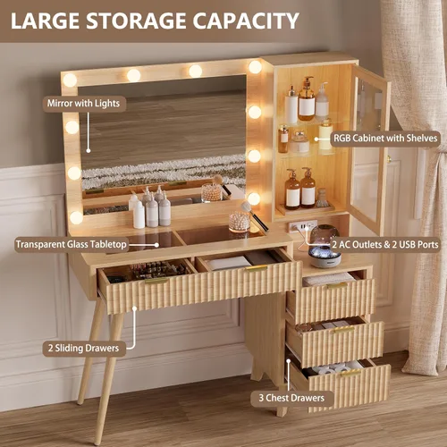 Miniatura 5 de Escritorio de tocador de maquillaje con espejo y luces, escritorio de madera estriada de 45 pulgadas con parte superior de cristal, 5 cajones y Roble