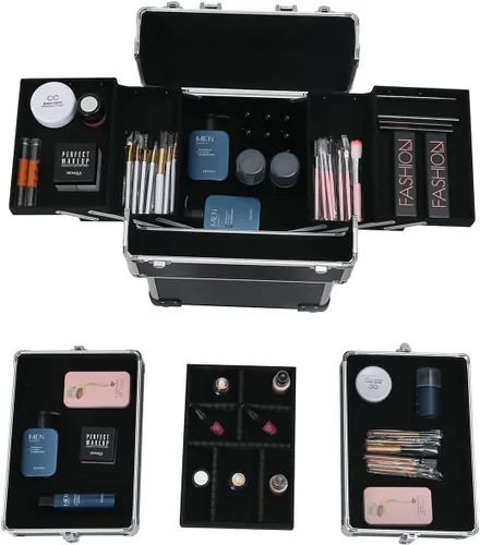 Miniatura 4 de Karl home estuche de maquillaje 4 en 1, carro de cosméticos rodante, organizador de viaje de gran capacidad con llave, ruedas giratorias 360°