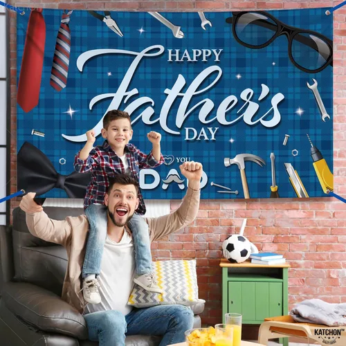 Miniatura 4 de KatchOn, Pancarta azul con texto en inglés «Happy Father's Day», extragrande, 72 x 44 pulgadas, decoración azul del día del padre para fiesta, telón