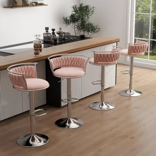 Miniatura 32 de Juego de 2 taburetes de bar giratorios de 360°, silla de bar de terciopelo ajustable a altura de mostrador moderna, taburete de metal plateado