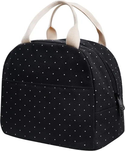 EurCross Bolsa de almuerzo negra compacta mejorada para niñas y mujeres, de lona, reutilizable, aislada, con lunares, bolsa de almuerzo para el