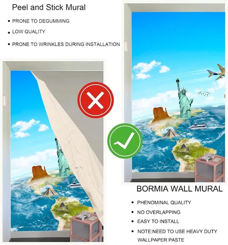 Miniatura 5 de Bormia Mural - Papel tapiz con mapa de viaje en globo, famoso lugar de interés en todo el mundo, mural de pared para sala de estar y dormitorio