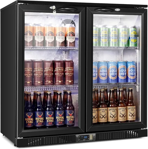 35.42" W Commercial Under Counter Beverage Refrigerator, 2 Glass Door Back Bar Cooler, Built-in/Freestanding 7.4Cuft Drink Fridge with LED Light,