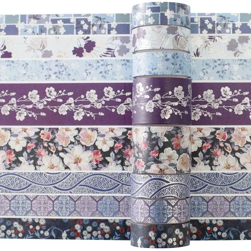 Miniatura 2 de Juego de 8 rollos de cinta adhesiva azul elegante Washi con adornos plateados anchos, cinta decorativa para manualidades, bricolaje, diarios
