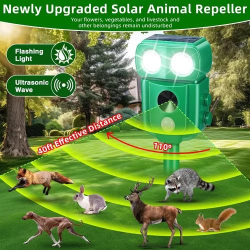 Miniatura 2 de Paquete de 4 repelentes solares ultrasónicos de animales con sonido y luz, ardilla repelente de gatos al aire libre para mapache, coyote, zorro