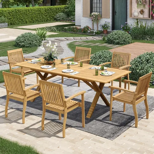 MIXPATIO Juego de comedor de madera de acacia para exteriores, juego de mesa de comedor y sillas de patio de 7 piezas, mesa de comedor expandible