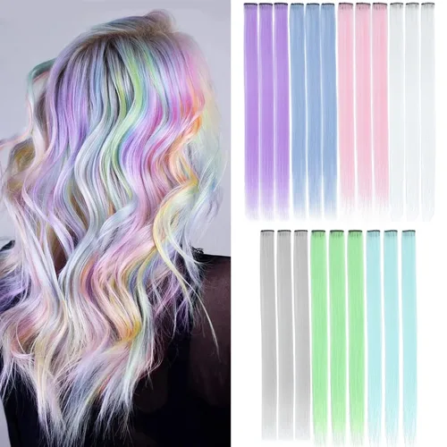 21 extensiones de cabello de color helado de color 7 colores, extensiones de cabello sintético lacio con clip de 22 pulgadas, extensiones de cabello