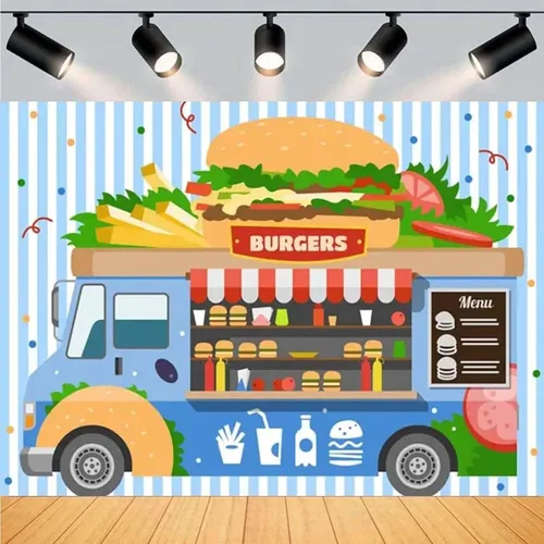 Fondo de hamburguesa para camión de comida rápida, postre de tienda, hamburguesas, papas fritas, bebidas, fotografía, telón de fondo para niños,