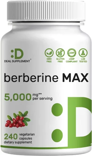 DEAL SUPPLEMENT Berberine Max Suplemento con cúrcuma, 5,000 mg por porción, 240 cápsulas vegetales – 97% HCl de berberina pura – Extracto de raíz de