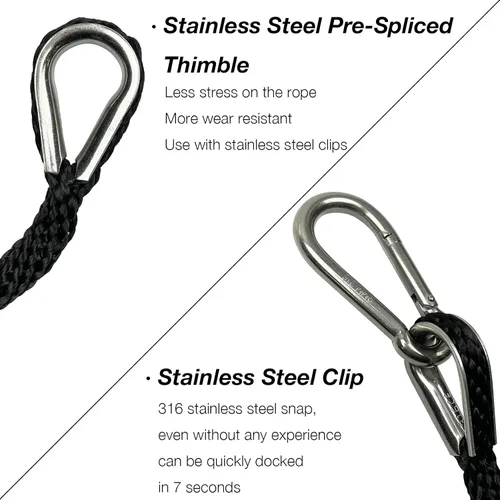 Miniatura 4 de Cuerda de anclaje para barco de nylon trenzado doble de 50 pies de 3/8 pulgadas con guardacabo de acero inoxidable 316 y gancho de resorte Negro