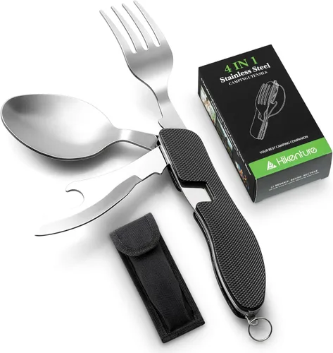 Utensilios para campamento HIKENTURE 4 en 1, juego de tenedor, cuchillo, cuchara y abridor de botellas de acero inoxidable con estuche de Negro