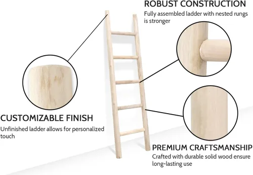 Miniatura 3 de FUIN Escalera de madera de 57 pulgadas totalmente montada, para sala de estar, decoración de pared, soporte para colcha de granja, soporte