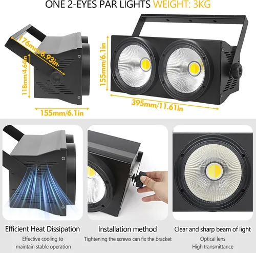 Miniatura 3 de MAD OWL Luces LED de 200 W, 2 ojos fríos y blancos cálidos, control DMX, activación de sonido, estroboscópico COB para teatro, iglesia, eventos