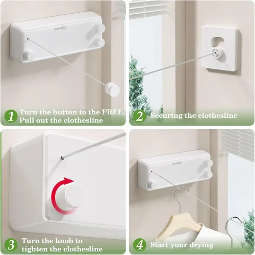 Miniatura 6 de Danpoo Tendedero retráctil, línea de ropa de acero inoxidable de 2 x 13.8 pies para interiores y exteriores, secado de ropa montado en la pared