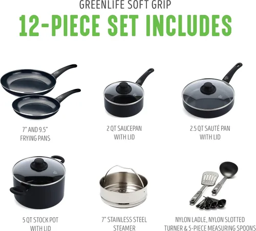 Miniatura 5 de GreenLife Soft Grip - Juego de ollas y sartenes antiadherentes de cerámica saludable de 12 piezas, ollas y sartenes de freír y saltear, sin PFAS