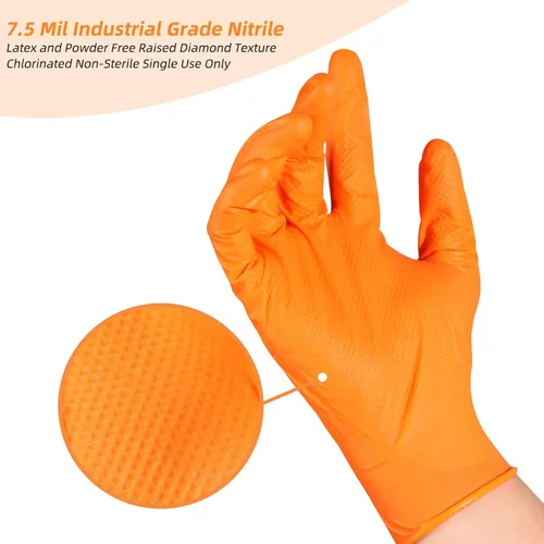 Miniatura 5 de LOGO Guantes desechables de nitrilo naranja-7.5mil Grip Diamond Textured Heavy Duty Automotive Mechanic compostable (50 piezas/caja)