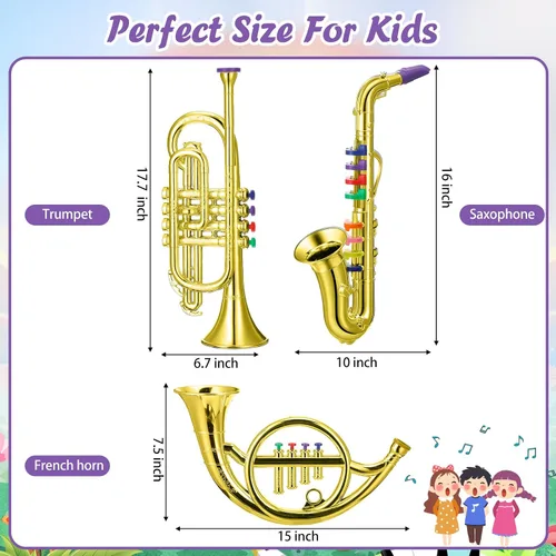 Miniatura 2 de Treela Juego de 3 instrumentos musicales, saxofón, trompeta y cuerno para principiantes, 3 instrumentos musicales de viento y latón, combo