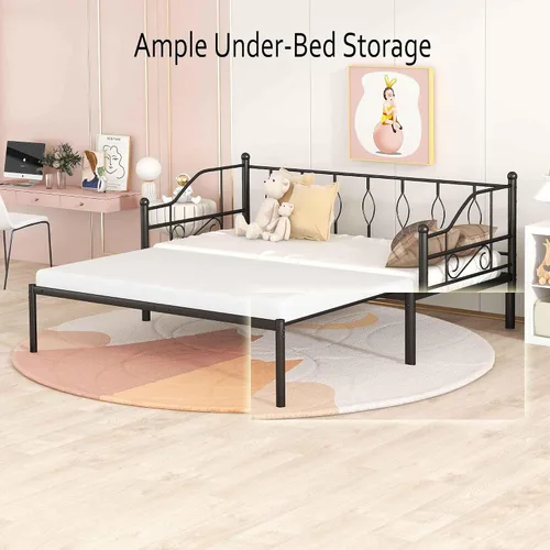 Miniatura 6 de Sofá cama individual con nido, marco de cámara de plataforma de metal moderno, sofá cama resistente para sala de estar, soporte de listones