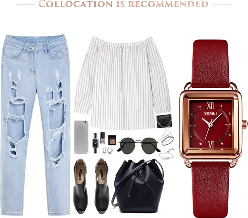 Miniatura 6 de SKMEI Reloj de mujer, elegante reloj de pulsera rectangular de cuero para damas, reloj analógico de cuarzo impermeable para mujer, Rojo-d