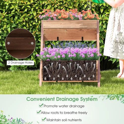 Miniatura 7 de Giantex Cama de jardín vertical elevada, 3 cajas de madera para flores, verduras, frutas y hierbas, maceta de jardín independiente con agujeros